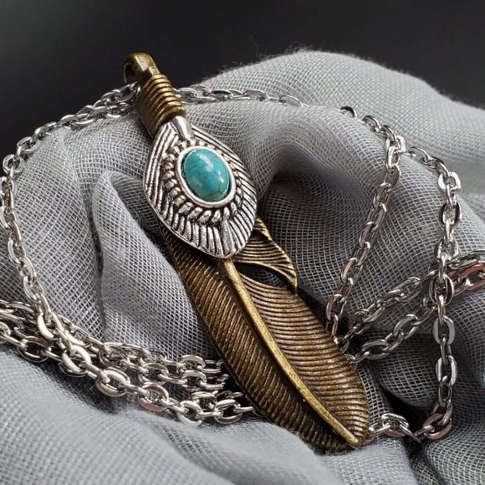 FP Bohemian Necklace Feather Turquoise Pendant Antique Bronze Silver